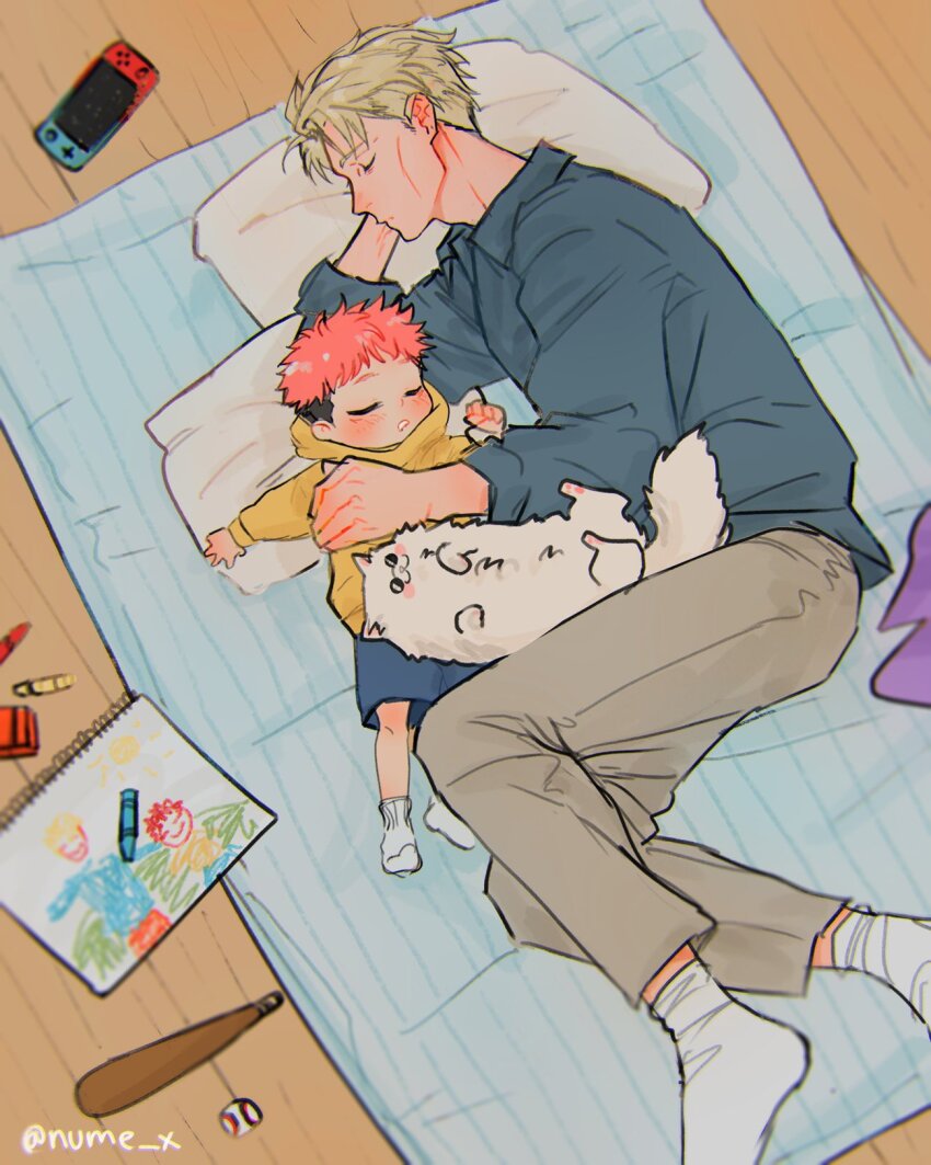 2boys, animalization, black_hair, blonde_hair, blue_shirt, blush, cat, collared_shirt