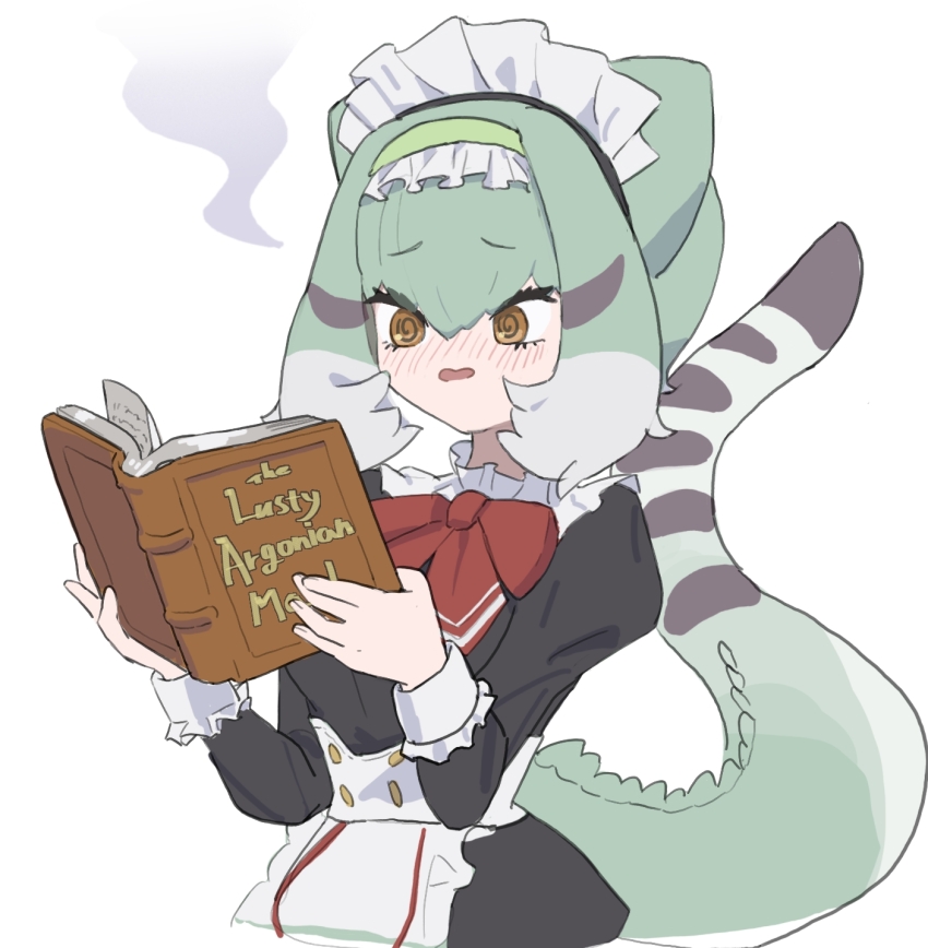 1girl, @_@, alternate_costume, apron, black_dress, blush, book, bow, bowtie, chinese_water_dragon_(kemono_friends), collar, cowboy_shot, dress, embarrassed, enmaided, frilled_collar, frilled_hairband, frills, green_hair, hair_between_eyes, hairband, highres, juliet_sleeves, kemono_friends, kemono_friends_3, kunikuni_(kunihiro2005), lizard_tail, long_sleeves, maid, maid_headdress, multicolored_hair, official_alternate_costume, puffy_sleeves, reading, red_bow, red_bowtie, reptile_girl, short_hair, sidelocks, sleeve_cuffs, solo, tail, the_elder_scrolls, the_elder_scrolls_v:_skyrim, white_apron, white_hair, yellow_eyes