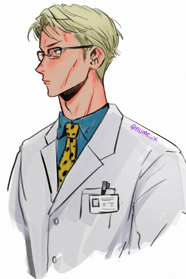 1boy, animal_print, blonde_hair, blue_shirt, brown_eyes, collared_shirt, glasses, jujutsu_kaisen