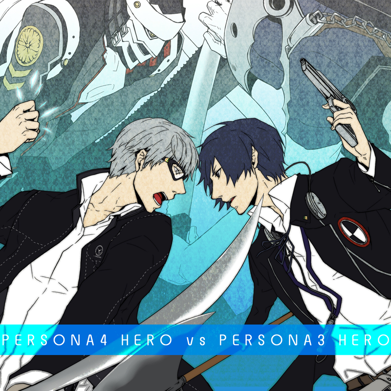2boys, atlus, evoker, glasses, gun, headphones, izanagi_(persona_4), katana