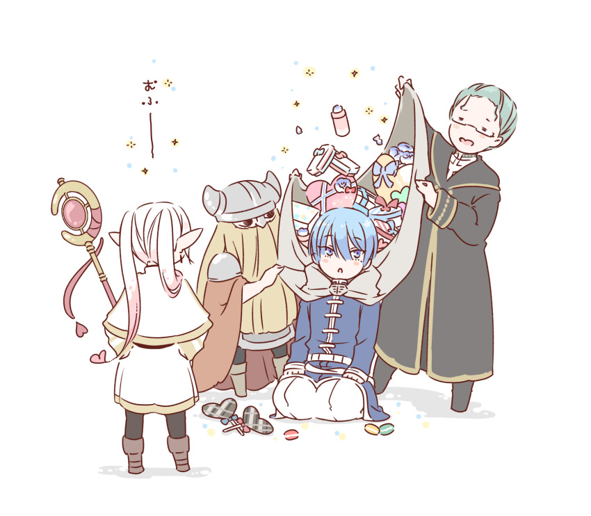 1girl, 3boys, :o, arm_up, armor, beard, belt, black_footwear, black_pantyhose, black_robe, blonde_hair, blue_eyes, blue_hair, boots, box, brown_footwear, candy, cape_basket, capelet, chibi, cloak, colored_tips, dwarf, earrings, eisen_(sousou_no_frieren), elf, facial_hair, facing_another, fake_horns, food, frieren, glasses, green_hair, grey_cloak, hair_over_shoulder, hands_on_own_hips, heart, heart-shaped_box, heart-shaped_food, heart-shaped_lollipop, heiter, helmet, highres, himmel_(sousou_no_frieren), holding, holding_staff, hood, hood_down, hooded_cloak, horned_helmet, horns, jewelry, knee_boots, lollipop, long_beard, long_hair, long_sleeves, looking_at_another, macaron, miniskirt, mole, mole_under_eye, multicolored_hair, multiple_boys, pantyhose, pauldrons, pink_hair, pointy_ears, red_cloak, robe, sachinyopo, seiza, shaped_lollipop, short_hair, shoulder_armor, simple_background, sitting, skirt, sousou_no_frieren, sparkle, staff, standing, streaked_hair, twintails, white_background, white_capelet, white_skirt