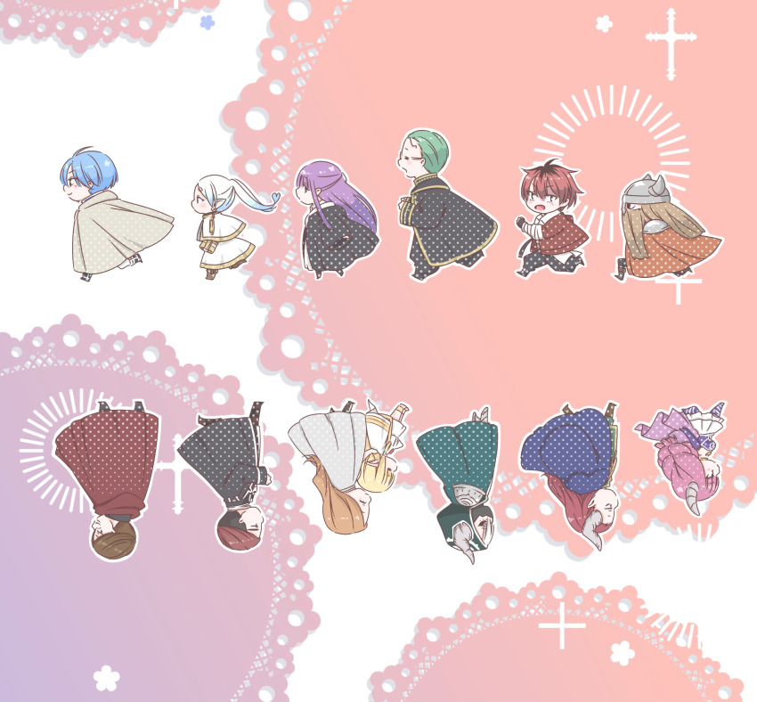 arm_wrap, armor, aura_(sousou_no_frieren), back-to-back, beard, black_coat, black_footwear, black_hair, black_pants, black_pantyhose, black_sclera, blonde_hair, blue_cloak, blue_hair, blunt_bangs, boots, brown_footwear, brown_hair, capelet, character_request, chibi, chibi_only, cloak, coat, colored_sclera, covered_mouth, cross, demon_boy, demon_girl, demon_horns, dwarf, earrings, eisen_(sousou_no_frieren), elbow_gloves, elf, facial_hair, fake_horns, fern_(sousou_no_frieren), flamme_(sousou_no_frieren), floating_hair, following, frieren, from_side, glasses, gloves, green_cloak, green_hair, grey_cloak, half_updo, heart, heart-shaped_hair, height_difference, heiter, helmet, hero_of_the_south_(sousou_no_frieren), highres, himmel_(sousou_no_frieren), hood, hood_down, hood_up, hooded_cloak, horned_helmet, horns, jacket, jewelry, long_beard, long_hair, long_sleeves, looking_ahead, looking_at_viewer, looking_to_the_side, mask, miniskirt, mole, mole_under_eye, mouth_mask, multicolored_hair, mustache, open_mouth, orange_hair, pants, pantyhose, pauldrons, pointy_ears, profile, purple_gloves, purple_hair, red_cloak, red_hair, red_jacket, running, sachinyopo, schlacht_(sousou_no_frieren), serie_(sousou_no_frieren), short_hair, shoulder_armor, skirt, sousou_no_frieren, stark_(sousou_no_frieren), streaked_hair, twintails, white_capelet, white_hair, white_pants, white_skirt