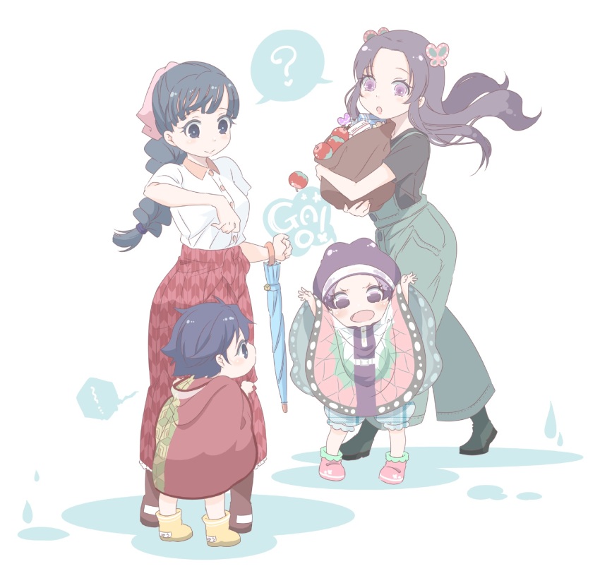 !, 1boy, 3girls, :o, ?, adapted_costume, aged_down, arms_up