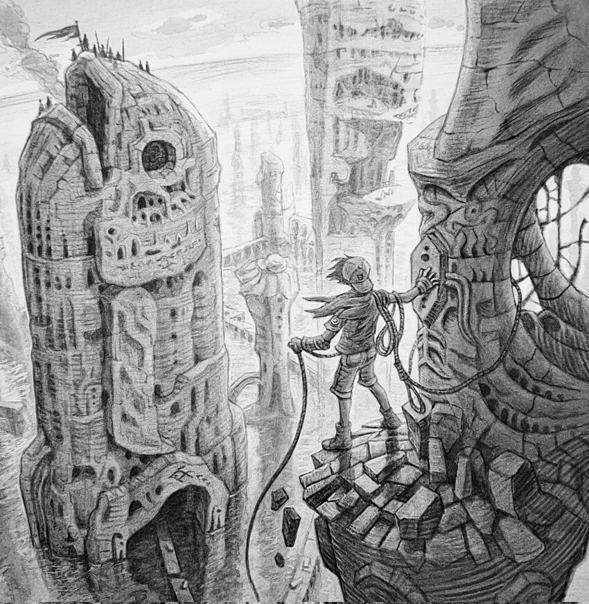 1boy, backwards_hat, flag, greyscale, hat, highres, koichi_noda, male_focus, monochrome, rope, solo, standing