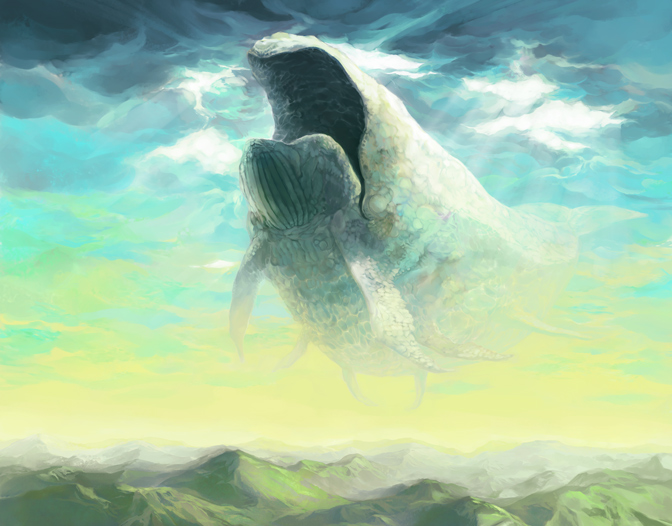 animal, cetacean_tail, cloud, extra_arms, fantasy, fins, fish_tail, flying_animal, flying_whale, ludo-rathowm, mountain, mountainous_horizon, no_humans, open_mouth, oversized_animal, rance_(series), sky, tail, tomo4444, whale, white_whale