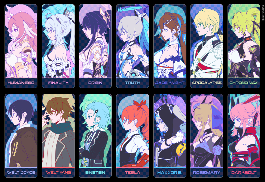 3boys, 6+girls, adjusting_eyewear, ai-chan_(honkai_impact), ai_hyperion_lambda, ai_hyperion_lambda_(chrono_navi), androgynous, animal_ears