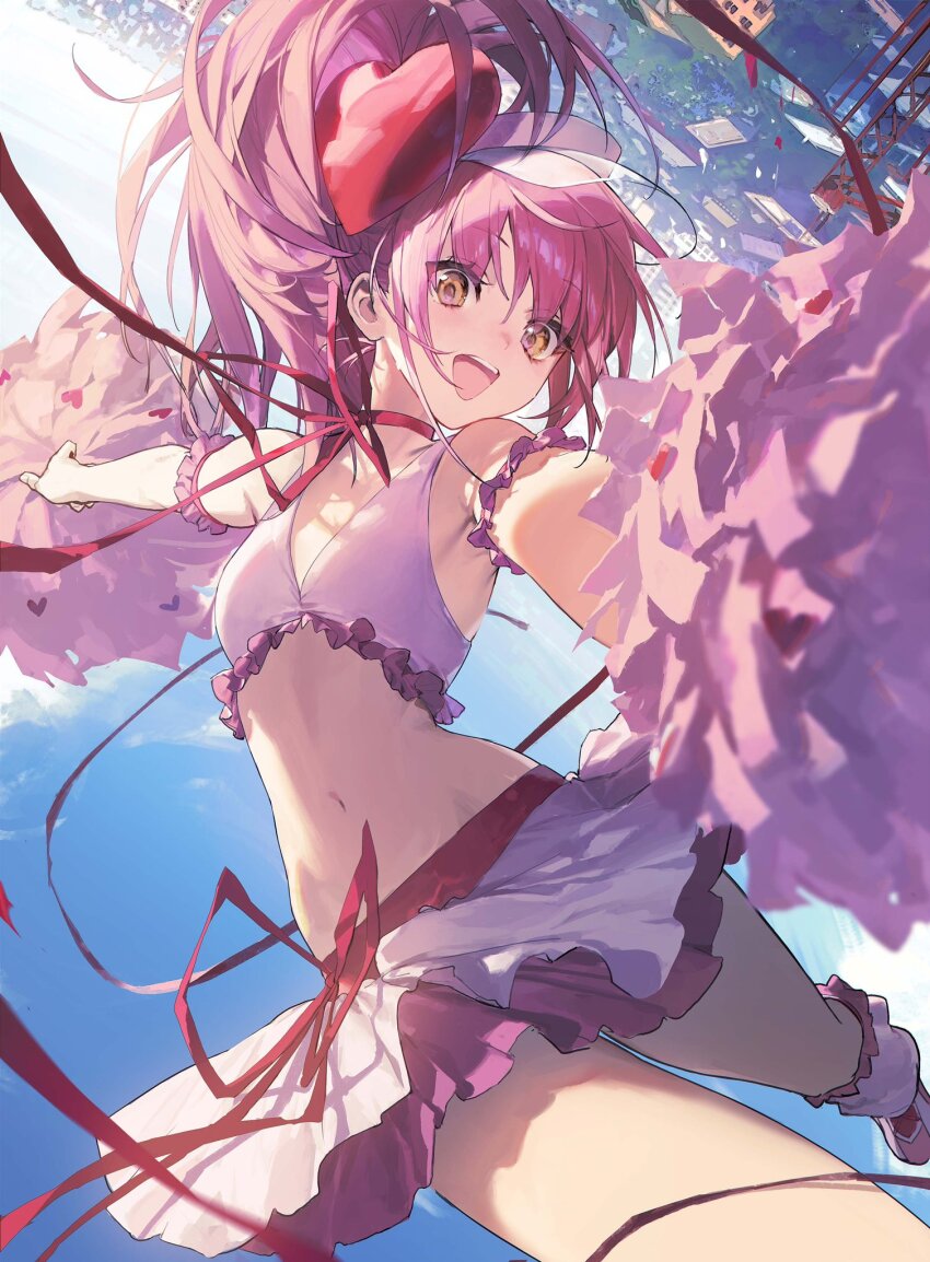 1girl, ame_jang, amulet_heart, bare_shoulders, blush, cheering, cheerleader, choker