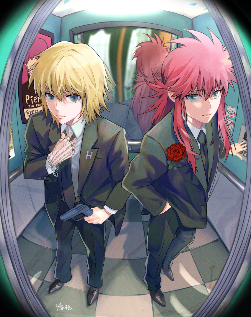 2boys, absurdres, adjusting_clothes, adjusting_necktie, black_footwear, black_jacket, black_necktie, black_pants, blonde_hair, blue_eyes, chain, closed_mouth, collared_shirt, creator_connection, elevator, fisheye, flower, formal_clothes, from_above, from_outside, full_body, gun, hair_between_eyes, hand_up, highres, hisoka_morow, holding, holding_gun, holding_weapon, hunter_x_hunter, jacket, jewelry, kurama_(yu_yu_hakusho), kurapika, long_hair, long_sleeves, looking_at_viewer, male_focus, minato_x3710, mirror, multiple_boys, multiple_rings, necktie, open_door, pants, ponytail, poster_(object), red_flower, red_hair, red_rose, reflection, ring, rose, shirt, shoes, short_hair, side-by-side, sidelocks, signature, standing, suit, tile_floor, tiles, togashi_yoshihiro_(character), weapon, white_shirt, yuu_yuu_hakusho