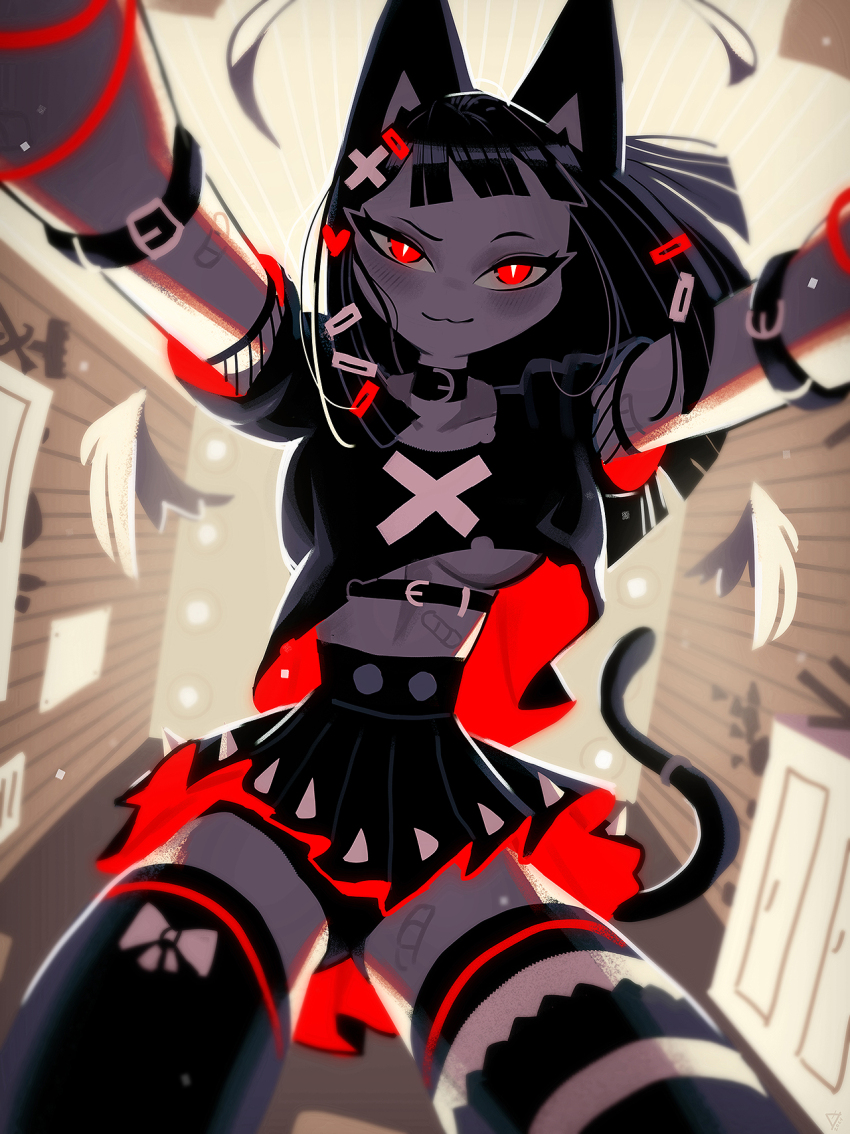 1girl, :3, andaerz, animal_ears, black_skirt, breasts, cat_ears, cat_girl