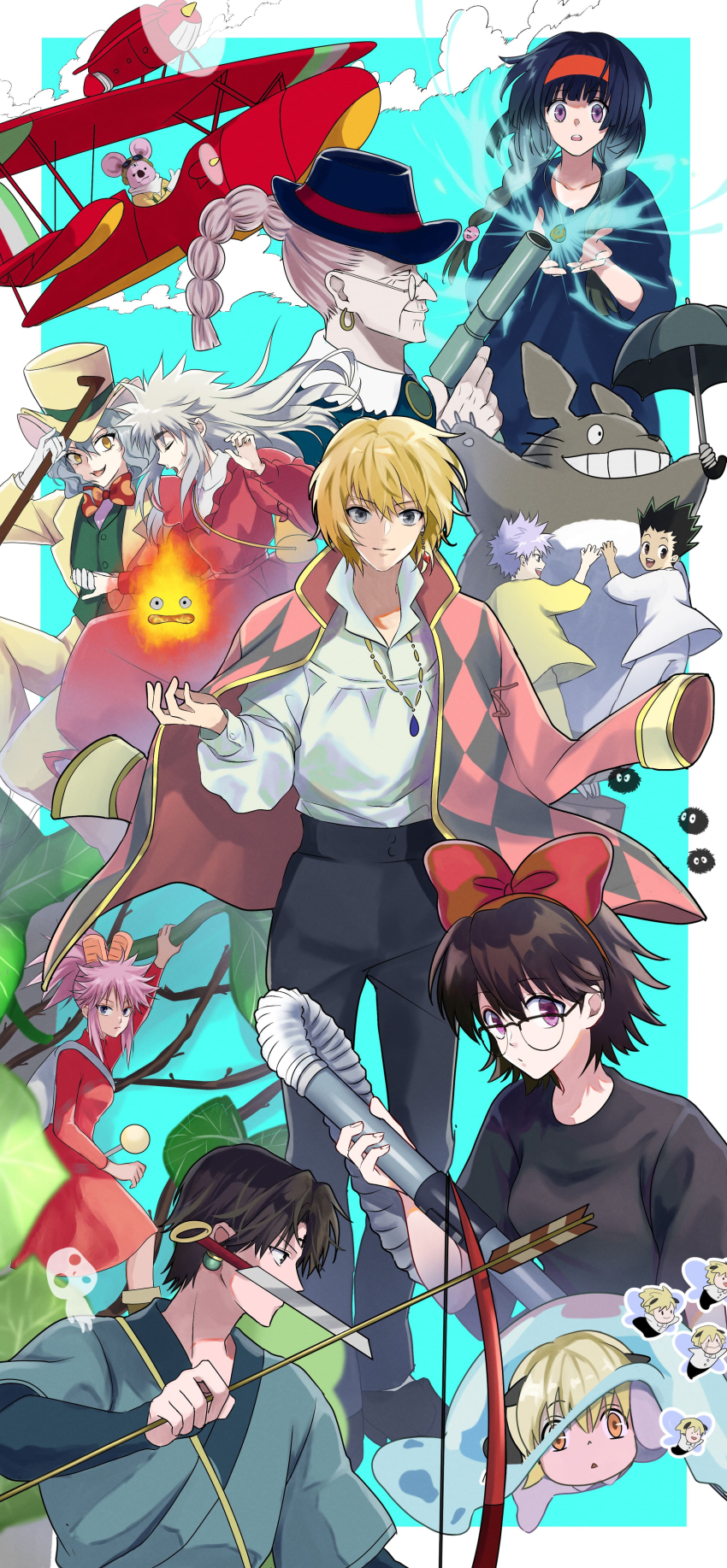 1other, 4girls, 6+boys, absurdres, aircraft, airplane, alluka_zoldyck, animal, animal_ears, antennae, arrietty, arrietty_(cosplay), arrow_(projectile), ashitaka, ashitaka_(cosplay), bag, black_hair, black_headwear, black_pants, blue_dress, bow, bow_(weapon), braid, calcifer, cane, cat_ears, child, chrollo_lucilfer, clinging, clone, clothed_animal, copyright_request, cosplay, crossdressing, crossover, dola_(laputa), dola_(laputa)_(cosplay), dress, earrings, fire, floating_hair, flying, flying_boat, gake_no_ue_no_ponyo, glasses, gloves, glowing, gon_freecss, green_vest, grey_hair, gun, hairband, hat, highres, holding, holding_arrow, holding_cane, holding_gun, holding_hands, holding_vacuum_cleaner, holding_weapon, howl_(howl_no_ugoku_shiro)_(cosplay), howl_no_ugoku_shiro, howl_(howl_no_ugoku_shiro), hunter_x_hunter, inset, jacket, jacket_over_shoulder, japanese_clothes, jellyfish, jewelry, jumping, karigurashi_no_arrietty, kiki_(majo_no_takkyuubin), kiki_(majo_no_takkyuubin)_(cosplay), killua_zoldyck, kimono, koala, koala_(hunter_x_hunter), kodama, komugi_(hunter_x_hunter), kurapika, kurenai_no_buta, long_hair, long_sleeves, looking_at_viewer, machi_komacine, majo_no_takkyuubin, mimi_wo_sumaseba, minato_x3710, mini_person, miniboy, mononoke_hime, mouth_hold, multi-tied_hair, multiple_boys, multiple_girls, necklace, neferpitou, old, old_woman, pajamas, pants, pink_hair, plant, ponyo, ponyo_(cosplay), ponytail, porco_rosso_(character), porco_rosso_(character)_(cosplay), profile, purple_eyes, red_bow, red_dress, seaplane, shaiapouf, sheeta, sheeta_(cosplay), shirt, shizuku_murasaki, short_hair, sky, smile, spiked_hair, standing, studio_ghibli, susuwatari, tenkuu_no_shiro_laputa, the_baron_(cosplay), the_baron_(mimi_wo_sumaseba), thorns, thumbs_up, top_hat, totoro, trap, tsubone_(hunter_x_hunter), tsukishima_shizuku, tsukishima_shizuku_(cosplay), twin_braids, twintails, umbrella_riding, unworn_jacket, vacuum_cleaner, vest, vines, weapon, weapon_in_mouth, white_gloves, white_shirt, yellow_headwear, yellow_jacket, yellow_pants