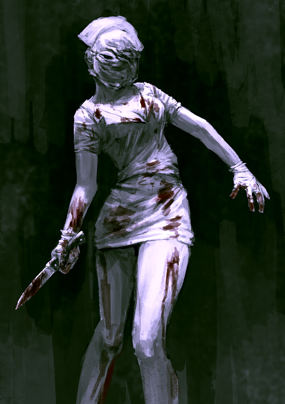 blood, blood_on_clothes, blood_on_hands, bloody_weapon, breasts, bubble_head_nurse, cleavage, colored_skin