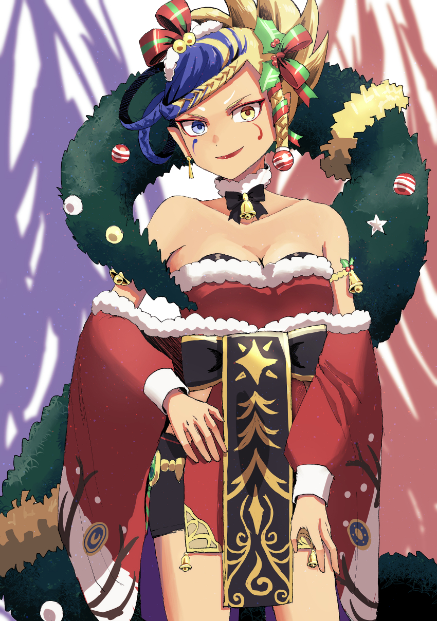 1girl, absurdres, bare_shoulders, bell, blonde_hair, blue_eyes, blue_hair, braid, breasts, chokopi_(tuna11), christmas, christmas_wreath, detached_sleeves, heterochromia, highres, holly, jaen_(youkai_watch), looking_at, looking_at_viewer, medium_breasts, multicolored_hair, neck_bell, ribbon, smile, solo, two-tone_hair, two-tone_ribbon, wreath, yellow_eyes, youkai_watch, youkai_watch:_punipuni