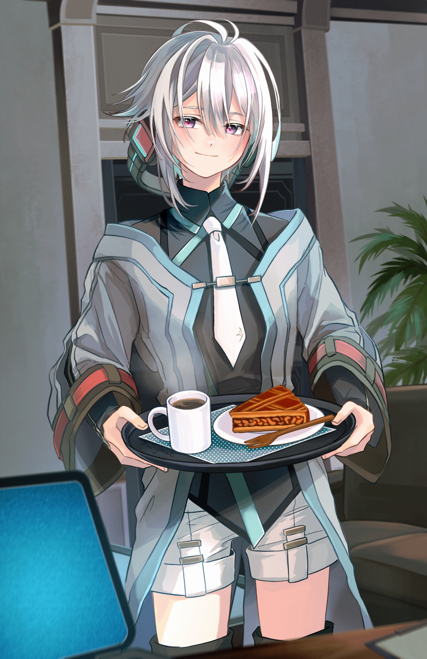 1boy, absurdres, blush, closed_mouth, coffee, coffee_mug, commentary_request, computer
