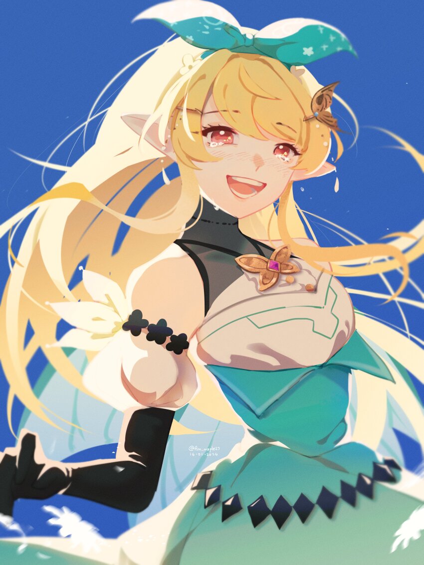 1girl, absurdres, am_(maple27), black_gloves, blonde_hair, bow, brooch, butterfly_brooch, crying, crying_with_eyes_open, elbow_gloves, gloves, green_bow, green_skirt, hair_bow, halterneck, high-waist_skirt, highres, jewelry, long_hair, nijisanji, nijisanji_en, pointy_ears, pomu_rainpuff, pomu_rainpuff_(1st_costume), red_eyes, skirt, solo, tears, virtual_youtuber