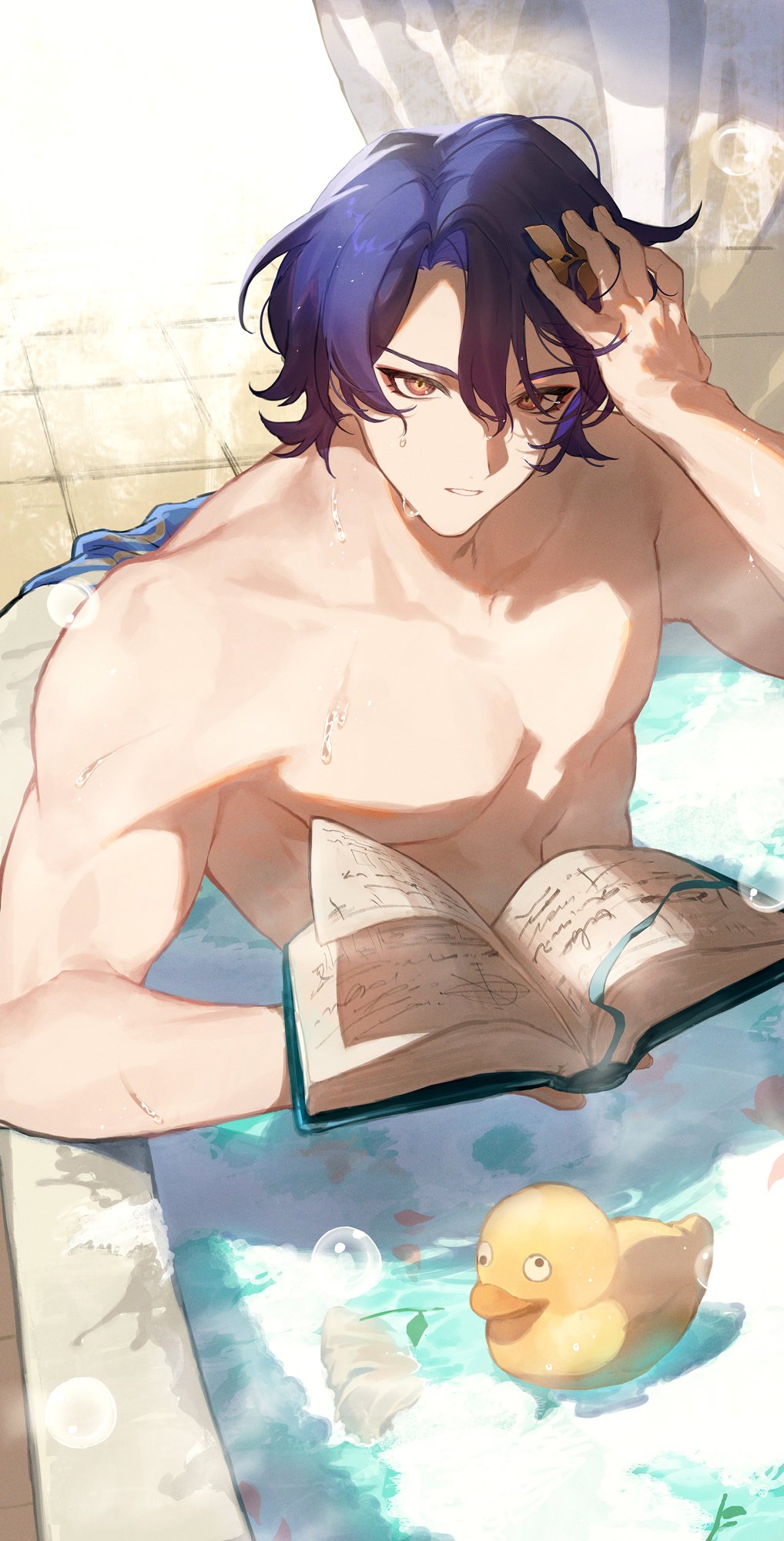 1boy, bath, bathing, blonde_hair, book, commentary, completely_nude, dr._ratio_(honkai:_star_rail)