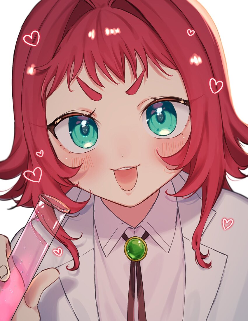1girl, aged_down, aqua_eyes, blush, bolo_tie, close-up, collared_shirt, heart