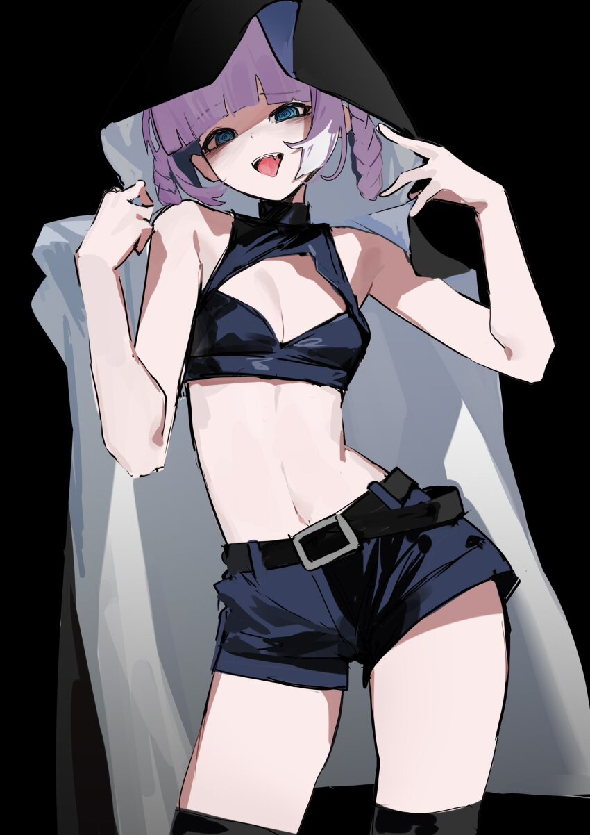 1girl, black_shorts, black_tank_top, black_thighhighs, blue_eyes, blunt_bangs, braid, braided_hair_rings