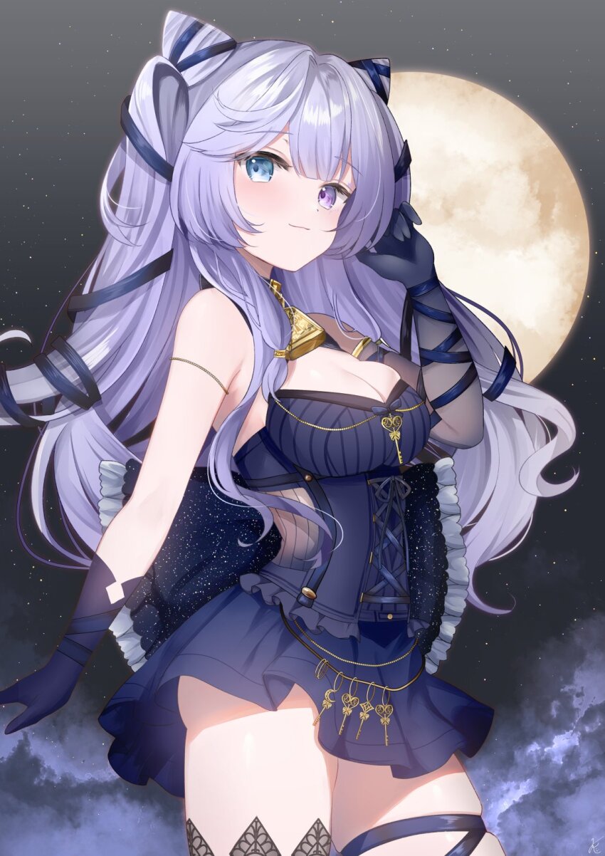 1girl, arm_ribbon, blue_eyes, blue_gloves, blue_ribbon, blue_skirt, breasts, cleavage, commentary_request, commission, cone_hair_bun, fog, full_moon, gloves, hair_bun, heterochromia, highres, key, kurage_cc, long_hair, looking_at_viewer, medium_breasts, moon, otogi_nemu, purple_eyes, purple_hair, re:act, ribbon, single_sleeve, skeb_commission, skirt, solo, thigh_strap, virtual_youtuber