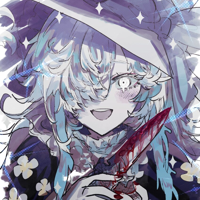 1girl, absurdres, alternate_costume, black_sleeves, blood, bloody_knife, blue_hair, blush, commentary_request, crazy, dripping_eye, flower, hair_over_one_eye, halftone, hands_up, hat, highres, holding, holding_knife, isekaijoucho, kamitsubaki_studio, knife, long_hair, looking_at_viewer, multicolored_hair, noranekogahara, omajinai_(synthesizer_v), one_eye_covered, open_mouth, portrait, red_nails, ringed_eyes, smile, solo, streaked_hair, virtual_youtuber, white_background, white_eyes, white_hair, witch_hat