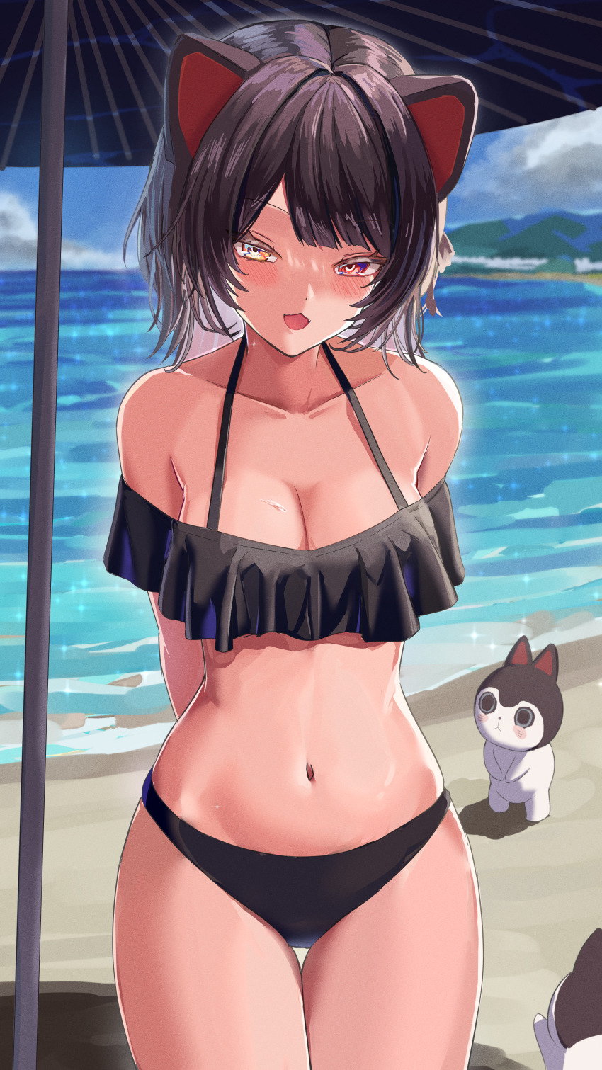 1girl, absurdres, ami_no_fuda, animal_ears, arms_behind_back, ban_(inui_toko), beach, beach_umbrella