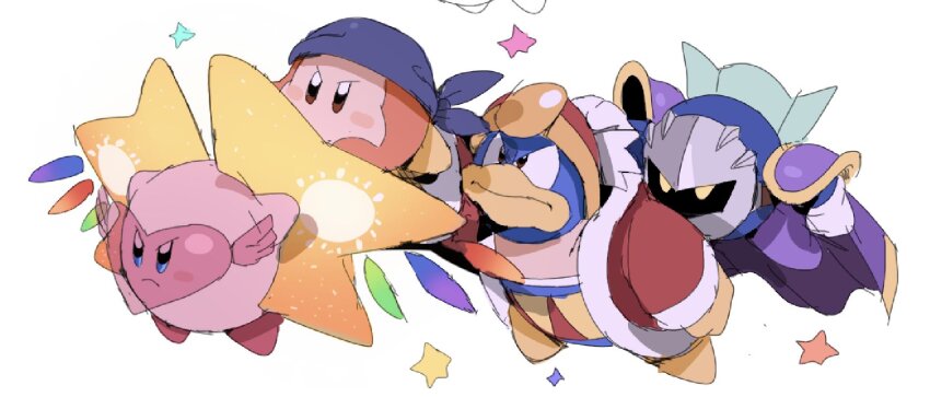 armor, bandana, bandana_waddle_dee, beads, beanie, bendedede, black_eyes, blue_bandana, blue_eyes, blush_stickers, brown_eyes, cape, closed_mouth, colored_skin, frown, fur-trimmed_robe, fur-trimmed_sleeves, fur_trim, gloves, grey_mask, hat, heart, heart-shaped_eyewear, highres, holding, king_dedede, kirby, kirby_star_allies, kirby_(series), lineup, long_sleeves, meta_knight, nintendo, no_humans, no_mouth, open_clothes, open_robe, orange_skin, outstretched_arms, pauldrons, pink-framed_eyewear, pink_skin, pom_pom_(clothes), pom_pom_beanie, purple_cape, purple_footwear, red_footwear, red_headwear, red_robe, red_sleeves, robe, shoes, shoulder_armor, simple_background, solid_oval_eyes, star_(symbol), star_allies_sparkler, v-shaped_eyes, white_background, white_gloves, yellow_eyes, yellow_shoes