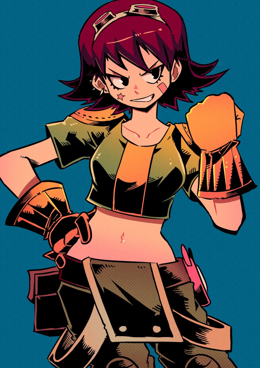 1girl, absurdres, belt, belt_pouch, black_eyes, blue_background, breasts, brown_belt