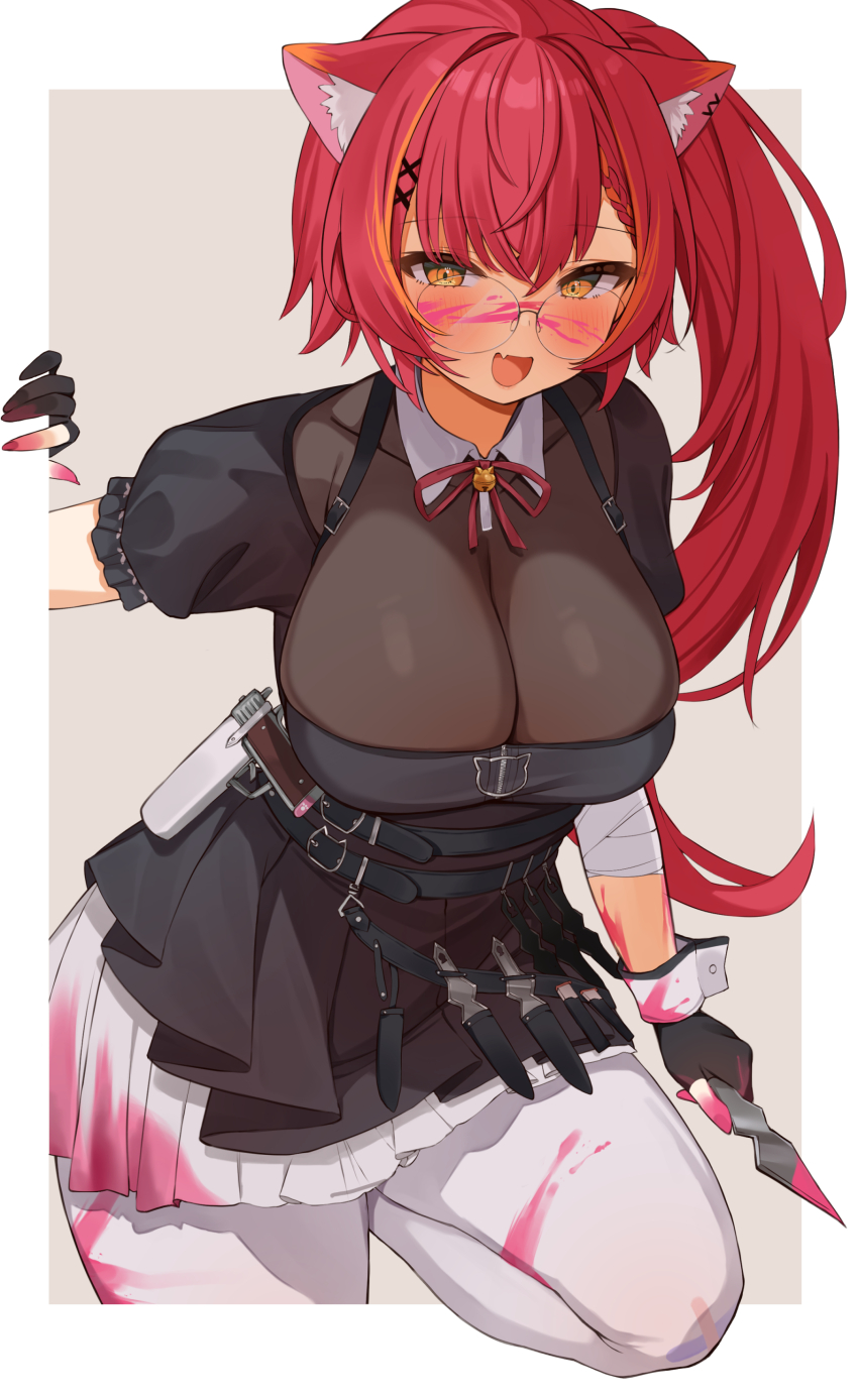 1girl, absurdres, animal_ear_fluff, animal_ears, apron, bell, belt, black_belt, black_dress, black_gloves, blood, blood_on_clothes, blood_on_face, border, braid, braided_bangs, breasts, cat_ears, choco_tanuki, cleavage, dress, glasses, gloves, gun, hair_ornament, handgun, highres, jingle_bell, knife_sheath, large_breasts, long_hair, looking_at_viewer, maid, maid_apron, maid_headdress, miniskirt, multicolored_hair, multiple_knives, nekota_tsuna, nekota_tsuna_(3rd_costume), official_alternate_costume, open_mouth, orange_eyes, orange_hair, outside_border, paint_splatter, pantyhose, partially_fingerless_gloves, pink_blood, pleated_skirt, puffy_short_sleeves, puffy_sleeves, red_hair, red_ribbon, ribbon, round_eyewear, see-through_clothes, see-through_cleavage, sheath, short_sleeves, side_ponytail, simple_background, skindentation, skirt, smile, solo, standing, standing_on_one_leg, streaked_hair, suspenders, very_long_hair, virtual_youtuber, vspo!, weapon, white_apron, white_background, white_border, white_pantyhose, white_skirt, wing_collar, x_hair_ornament, zipper, zipper_pull_tab