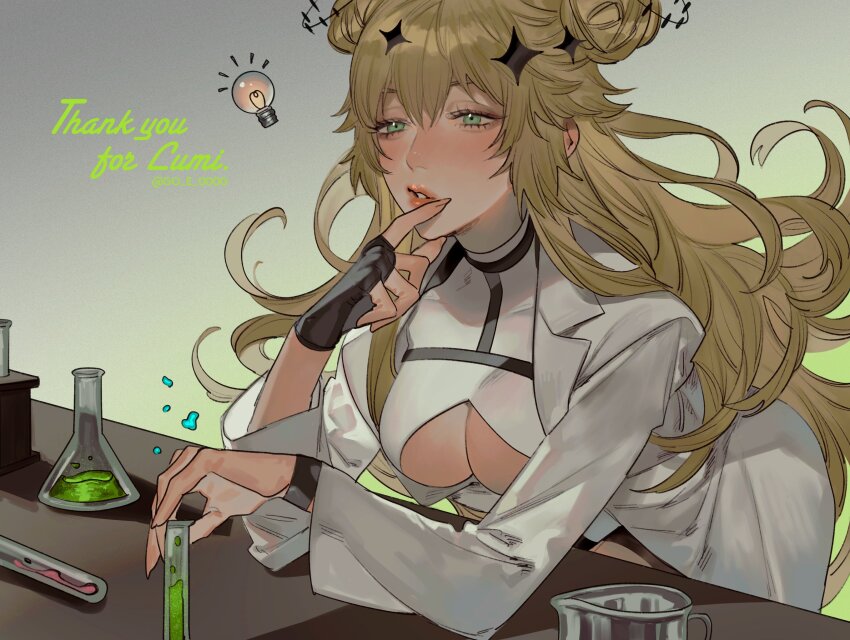 1girl, against_table, artist_name, black_gloves, blonde_hair, bracelet, breasts, cleavage_cutout