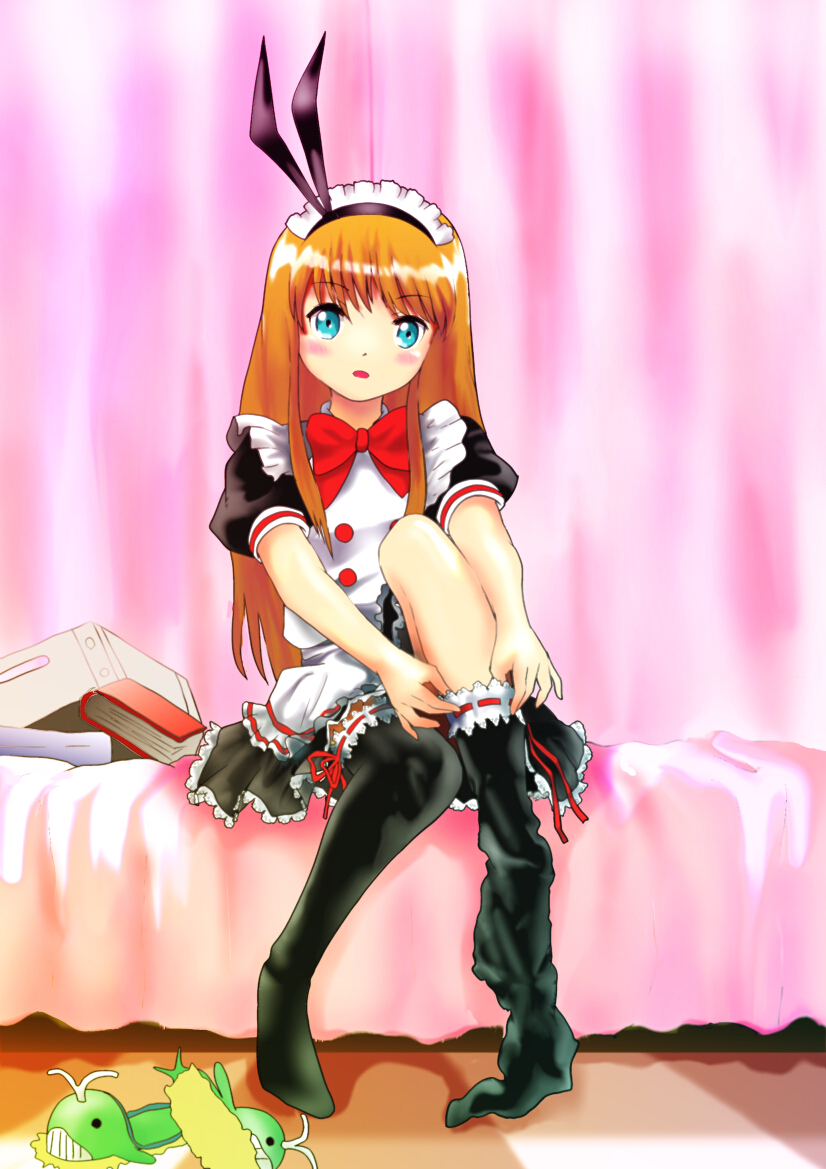 1girl, apron, aqua_eyes, blush, bow, bowtie, cosplay, dressing