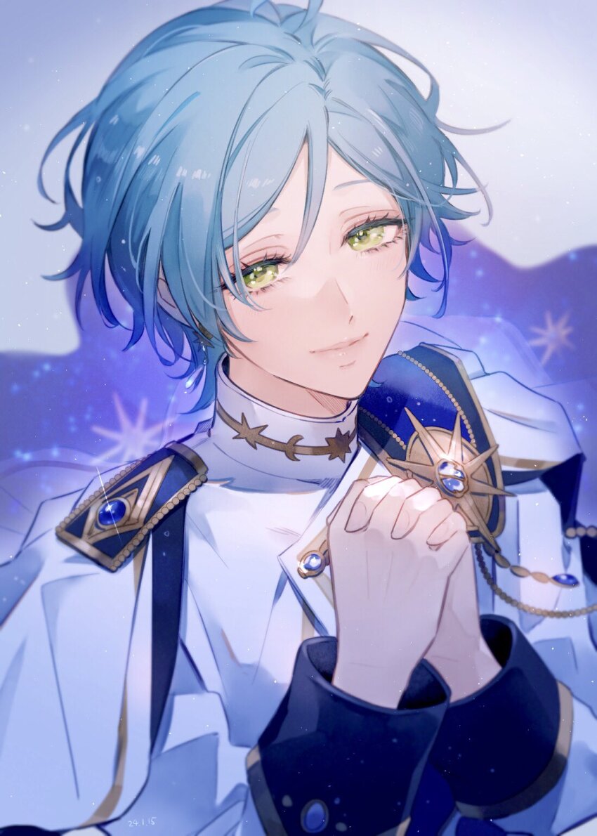 1boy, blue_cape, blue_hair, cape, closed_mouth, ensemble_stars!, eyelashes, green_eyes