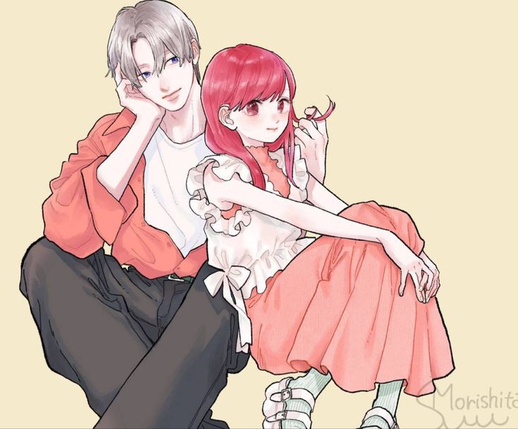 1boy, 1girl, black_pants, blue_eyes, blush, brown_eyes, closed_mouth, hand_on_own_hip