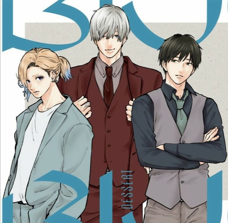 3boys, ashioki_oushi, beige_pants, black_eyes, black_hair, black_shirt, blonde_hair, blue_eyes, blue_hair, closed_mouth, crossed_arms, formal_clothes, grey_pants, grey_shirt, iryuu_shin, jacket, long_hair, looking_at_viewer, looking_to_the_side, multicolored_hair, multiple_boys, nagi_itsuomi, pants, red_jacket, shirt, short_hair, smile, suit, two-tone_hair, very_long_hair, white_hair, white_shirt, yubisaki_to_renren
