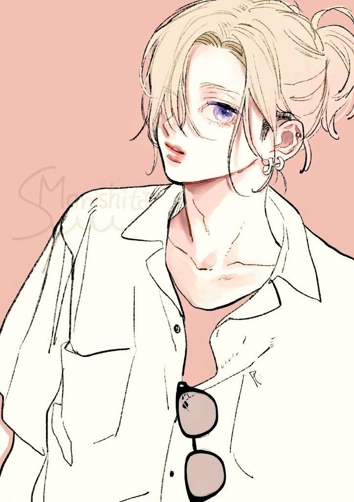 1boy, blonde_hair, glasses, iryuu_shin, long_hair, looking_at_viewer, open_mouth, ornament, pink_background, purple_eyes, shirt, very_long_hair, white_shirt, yubisaki_to_renren