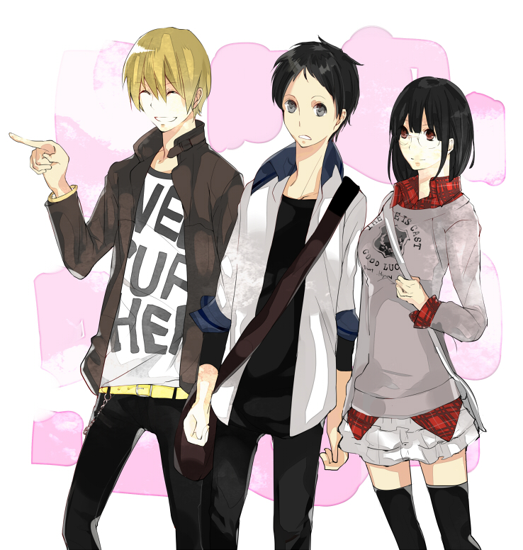 1girl, 2boys, bag, black_eyes, black_hair, black_thighhighs, blonde_hair, bob_cut