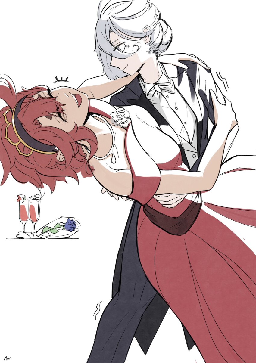 2girls, black_hairband, black_jacket, black_pants, bow, bowtie, champagne_flute, collared_shirt