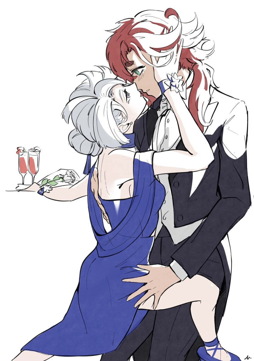 2girls, aqua_eyes, black_jacket, black_pants, blue_dress, bracelet, champagne_flute, commentary_request