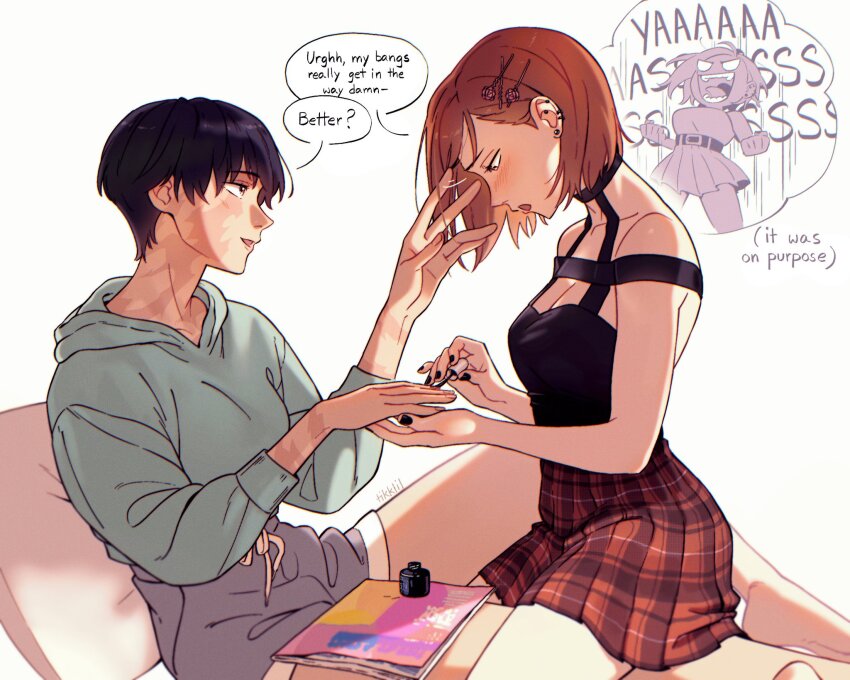 2girls, belt, black_hair, black_nails, black_shirt, blush, breasts, brown_eyes, brown_hair, cleavage, commentary, cosmetics, ear_piercing, english_commentary, english_text, green_hoodie, hand_in_another's_hair, highres, hood, hoodie, jujutsu_kaisen, kugisaki_nobara, magazine_(object), medium_breasts, multiple_girls, nail_polish, nail_polish_bottle, open_mouth, parted_lips, piercing, plaid_clothes, plaid_skirt, pleated_skirt, purple_shorts, scar, scar_on_face, screaming, shirt, short_hair, shorts, simple_background, skirt, smile, speech_bubble, straddling, thought_bubble, tikklil, twitter_username, white_background, yuri, zen'in_maki, zen'in_maki_(post_shibuya)