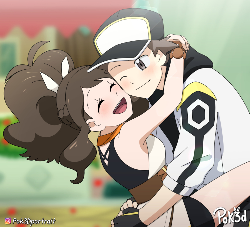 absurdres, baseball_cap, brown_hair, gen_1_pokemon, happy, hat, highres, hilda_(pokemon)