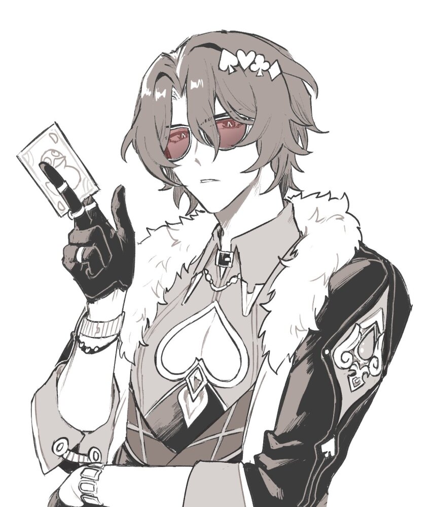 1boy, aventurine_(honkai:_star_rail), aventurine_(honkai:_star_rail)_(cosplay), bracelet, card, cosplay, dr._ratio_(honkai:_star_rail), fur_trim