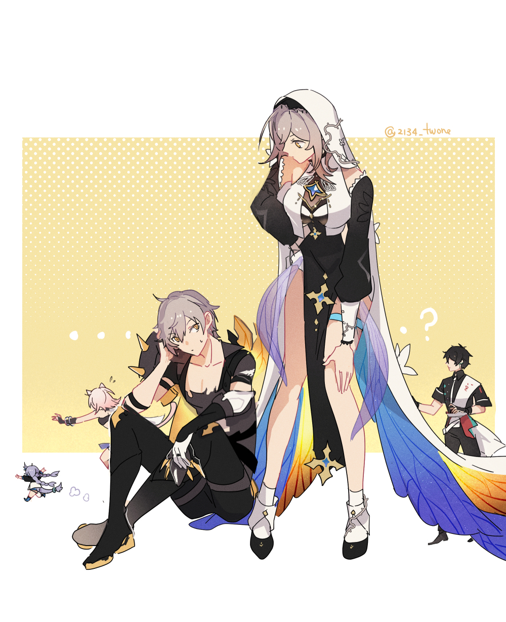 2134twone, 2boys, 3girls, ?, aponia, aponia_(cosplay), bailu_(honkai:_star_rail), black_footwear