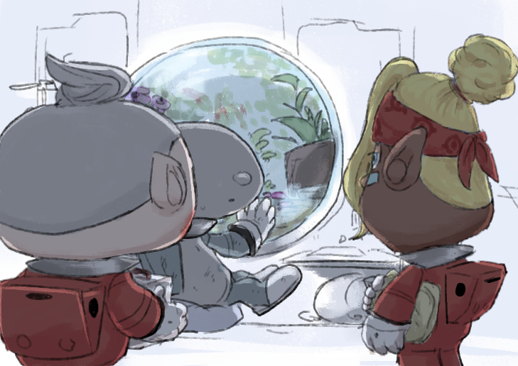 1boy, 1girl, 1other, ambiguous_gender, backpack, bag, blonde_hair, blue_eyes