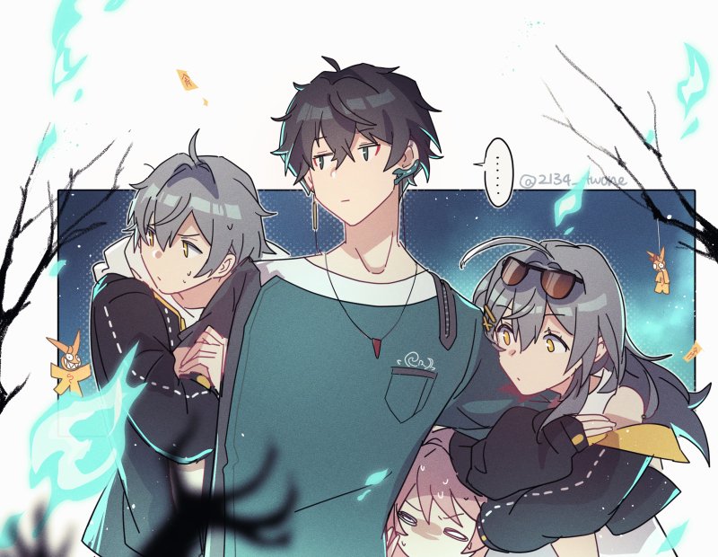 ..., 2134twone, 2boys, 2girls, ahoge, arm_grab, bare_shoulders, black_hair