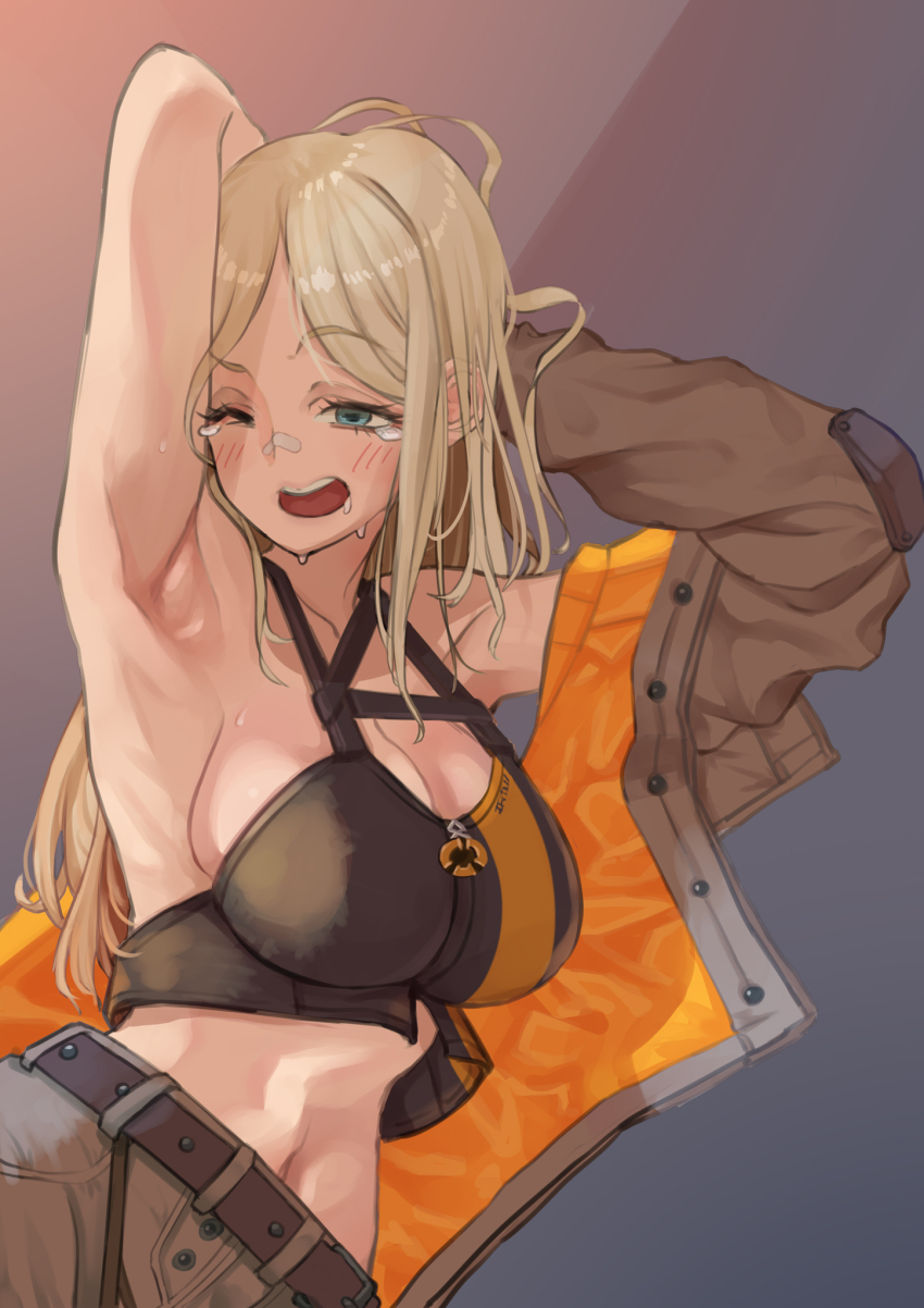 1girl, armpits, arms_behind_head, bandaid, bandaid_on_face, bandaid_on_nose, bare_shoulders, belt, black_shirt, blonde_hair, blue_eyes, breasts, brown_jacket, centi_(nikke), cleavage, crop_top, goddess_of_victory:_nikke, highres, jacket, large_breasts, long_hair, mamaroa, navel, orange_jacket, pants, saliva, shirt, solo, two-sided_fabric, two-sided_jacket