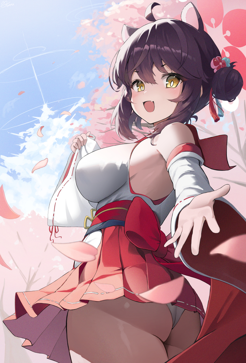 1girl, absurdres, ahoge, animal_ears, ass, black_hair, blue_archive, blush, breasts, brown_hair, cherry_blossoms, commentary, detached_sleeves, emma_0215, fang, hair_between_eyes, hair_bun, hair_ornament, hakama, halo, highres, japanese_clothes, kaede_(blue_archive), kimono, large_breasts, loli, looking_at_viewer, open_mouth, oppai_loli, panties, pink_halo, red_hakama, red_halo, red_sailor_collar, ribbon-trimmed_sleeves, ribbon_trim, sailor_collar, short_hair, single_side_bun, skin_fang, sleeveless, sleeveless_kimono, smile, solo, underwear, white_kimono, white_panties, yellow_eyes