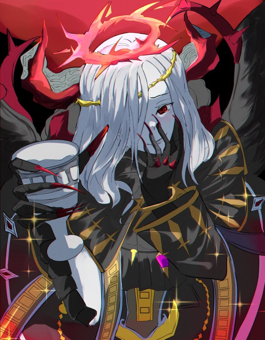 1girl, black_dress, black_wings, colored_skin, condemned_darklord, crown_of_thorns, cup, dress