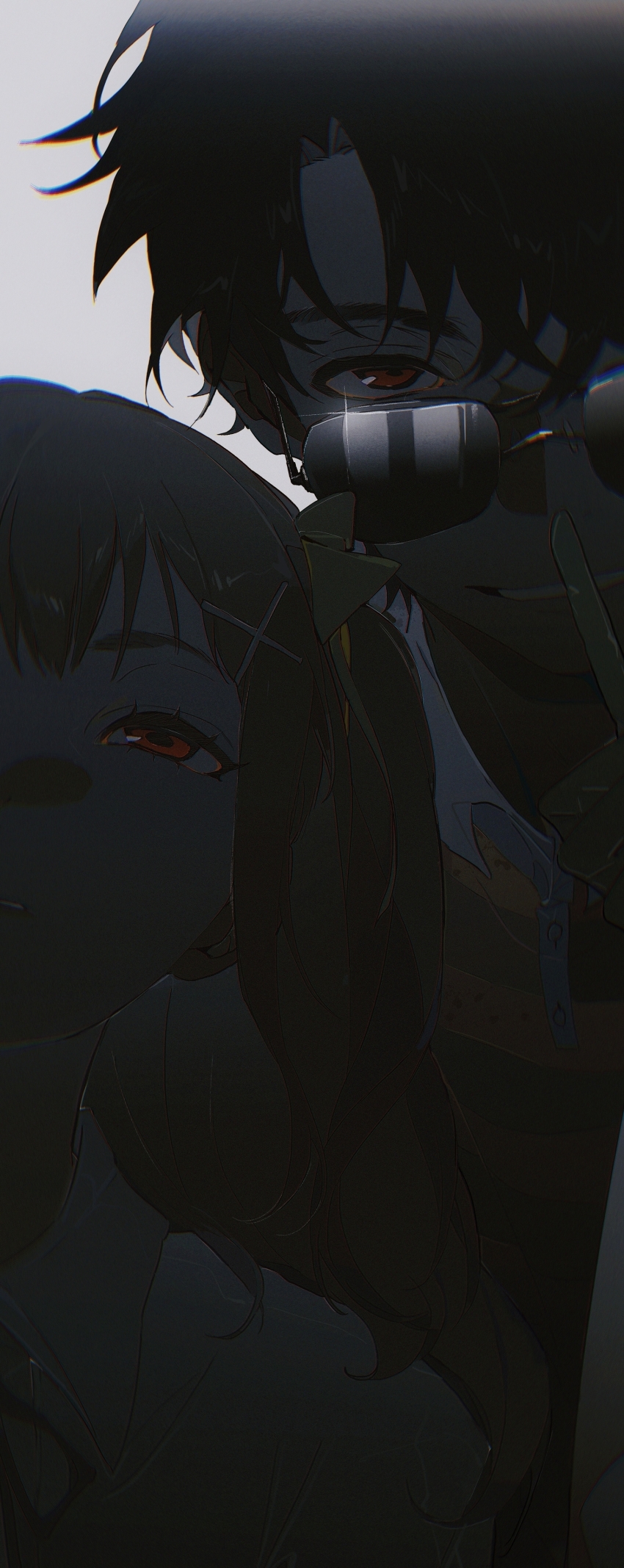 1boy, 1girl, absurdres, bishounen, black_hair, bow, brown_hair, character_request