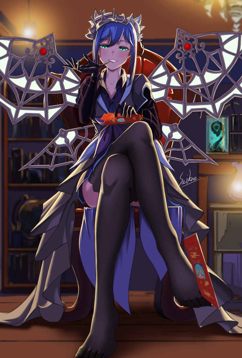 1girl, absurdres, aromage_rosemary, aromalilith_rosemary, artist_name, between_toes, biting, biting_glove, black_gloves, black_pantyhose, black_thighhighs, blue_hair, blue_necktie, chibi, collarbone, crossed_legs, duel_monster, fairy, feet, full_body, gloves, green_eyes, highres, holding_with_feet, hongbao, indoors, laundry_dragonmaid, legs, long_sleeves, necktie, no_shoes, pantyhose, saikre, see-through_clothes, see-through_sleeves, solo, spread_wings, thighhighs, toes, transparent_wings, wings, yu-gi-oh!