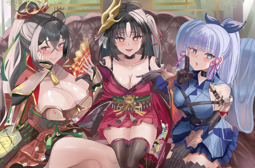 3girls, absurdres, armor, ayaka_(genshin_impact), azur_lane, bare_shoulders, benz_(rita29), black_hair, blue_eyes, blue_hair, breastplate, breasts, cleavage, commentary, commission, cosplay, costume_switch, english_commentary, fate/grand_order, fate_(series), genshin_impact, hand_on_own_cheek, hand_on_own_face, highres, huge_breasts, indoors, japanese_armor, japanese_clothes, katou_danzou_(fate), katou_danzou_(fate)_(cosplay), kimono, large_breasts, long_hair, long_sleeves, looking_at_viewer, mask, mask_on_head, mechanical_arms, multiple_girls, red_eyes, red_kimono, red_ribbon, ribbon, sitting, taihou_(azur_lane), taihou_(azur_lane)_(cosplay), very_long_hair, wide_sleeves, yellow_eyes
