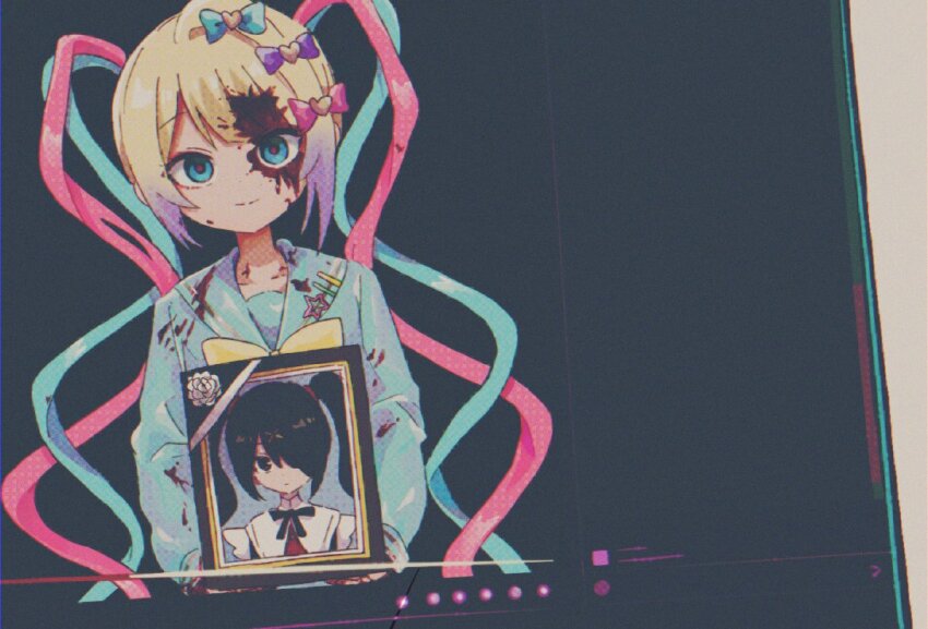 1girl, ame-chan_(needy_girl_overdose), black_hair, blonde_hair, blood, blood_on_clothes, blood_on_face, blue_bow