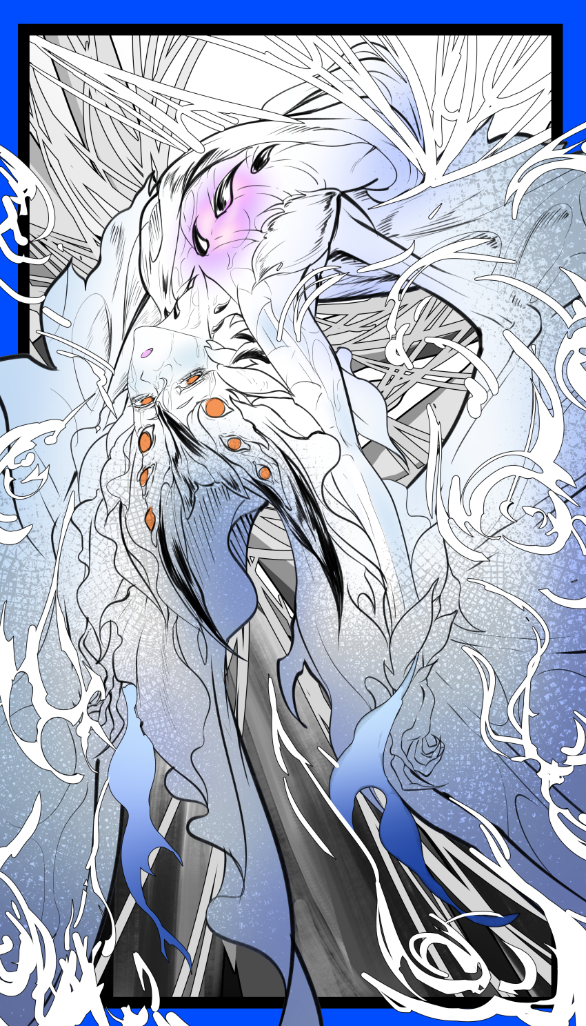 1girl, absurdres, blue_border, border, claws, colored_skin, completely_nude, convenient_censoring, dragon_wings, extra_eyes, fang, fingernails, flat_chest, highres, horns, lanmizu2002, light_blush, long_fingernails, looking_at_viewer, monster_girl, monster_hunter:_world, monster_hunter_(series), no_pupils, nude, parted_lips, personification, red_eyes, slime_(substance), solo, spikes, upside-down, white_skin, wings, xeno'jiiva